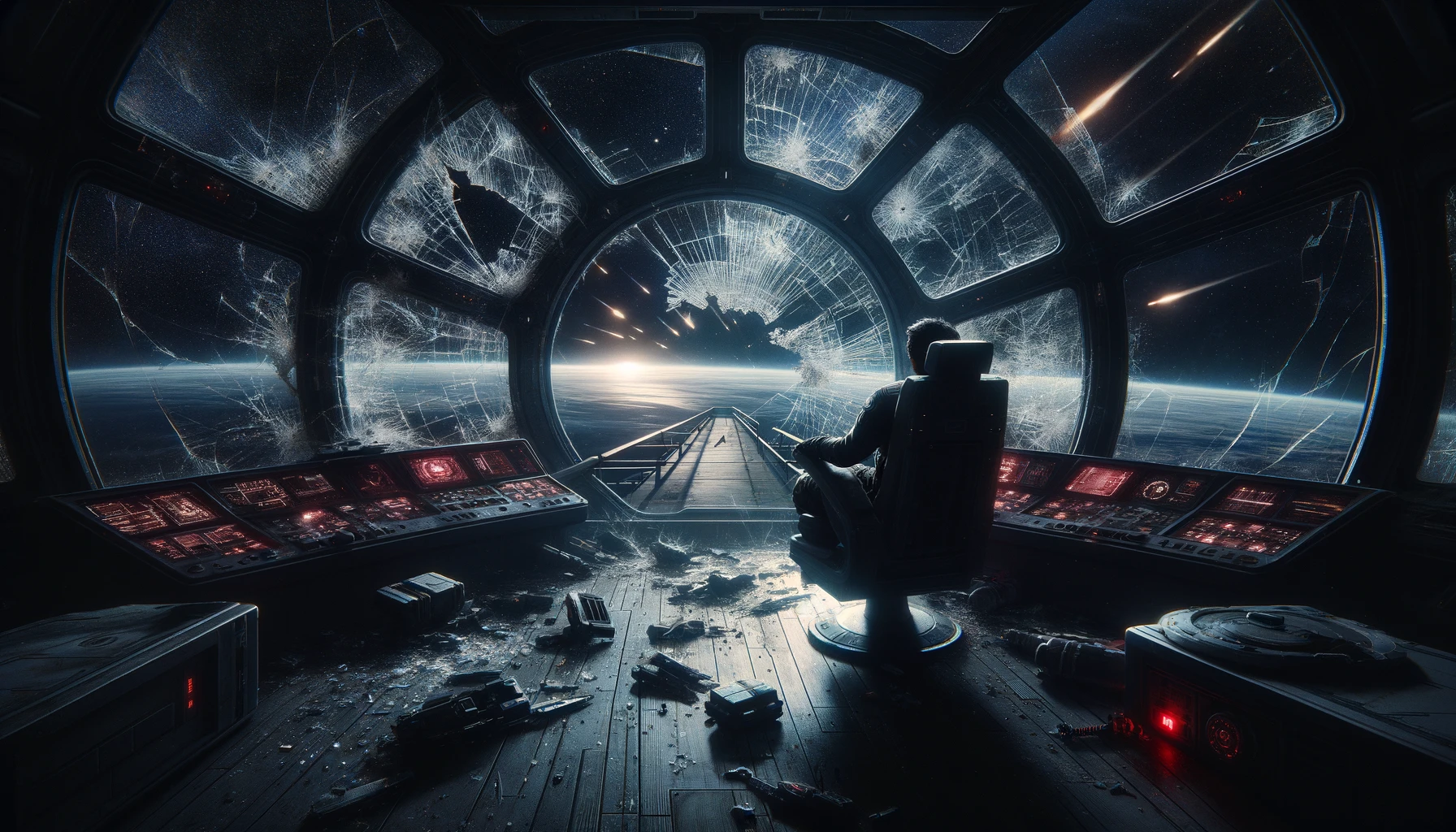 A dramatic and atmospheric image illustrating the interior of a damaged starship bridge, illuminated mostly by external starlight creating sharp shadows. Shattered windows with fragments of glass or polycarbonate hint at explosive decompression. A central figure, the commander, is strapped into the command chair, his face and body showing signs of distress and the effects of exposure to space. The bridge appears dark, ruined, and lifeless, with a sole blinking red warning light. Outside the windows, a dark oceanic planet can be seen, with the bright fusion trail of an approaching ship in the distance. The mood is somber, evoking a sense of isolation and imminent danger.