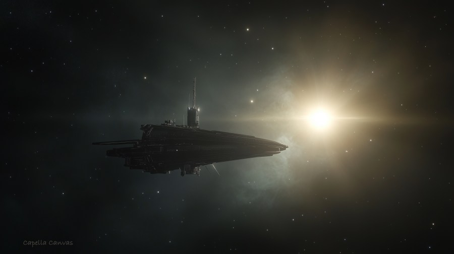 A lone, silhouetted spacecraft drifts through a vast, star-filled expanse toward a glowing celestial light in the distance. The scene evokes themes of exploration, fate, and the unknown, with subtle gradients of shadow and starlight.