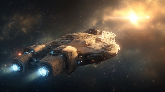 A compact space freighter travels through deep space, its engines glowing as it passes against a backdrop of stars.