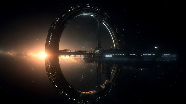 A massive ring-shaped space station with illuminated windows and extended docking structures, floating in deep space and backlit by a bright star.