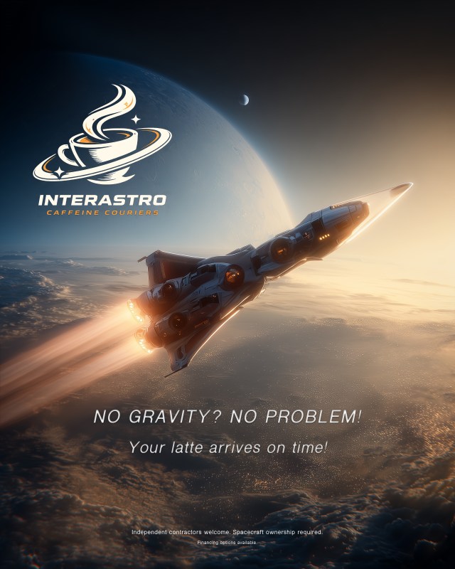 A sleek spacecraft ascends through the upper atmosphere of a planet. A corporate logo of a space age coffee cup over the brand "InterAstro Caffeine Couriers." Promotional text stating "No gravity? No problem! Your latte arrives on time. Independent contractors welcome. Spacecraft ownership required. Financing options available."