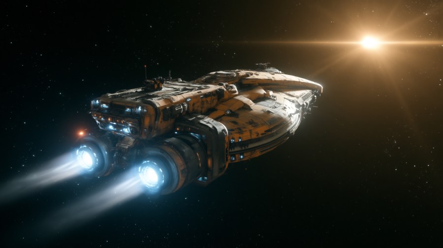 The courier spacecraft Caffeine Rush accelerating through deep space